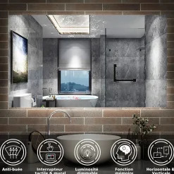 Miroir Lumineux|AICA Sanitaire Miroir de salle de bain LED, 120x70cm, mémoire + dimmable + anti-buée, IP44, 6000K blanc,