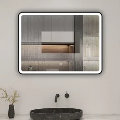 AICA Sanitaire Miroir de salle de bain LED 80x60cm avec cadre noir, tricolore + anti-buée + mémoire + gradation infinie,