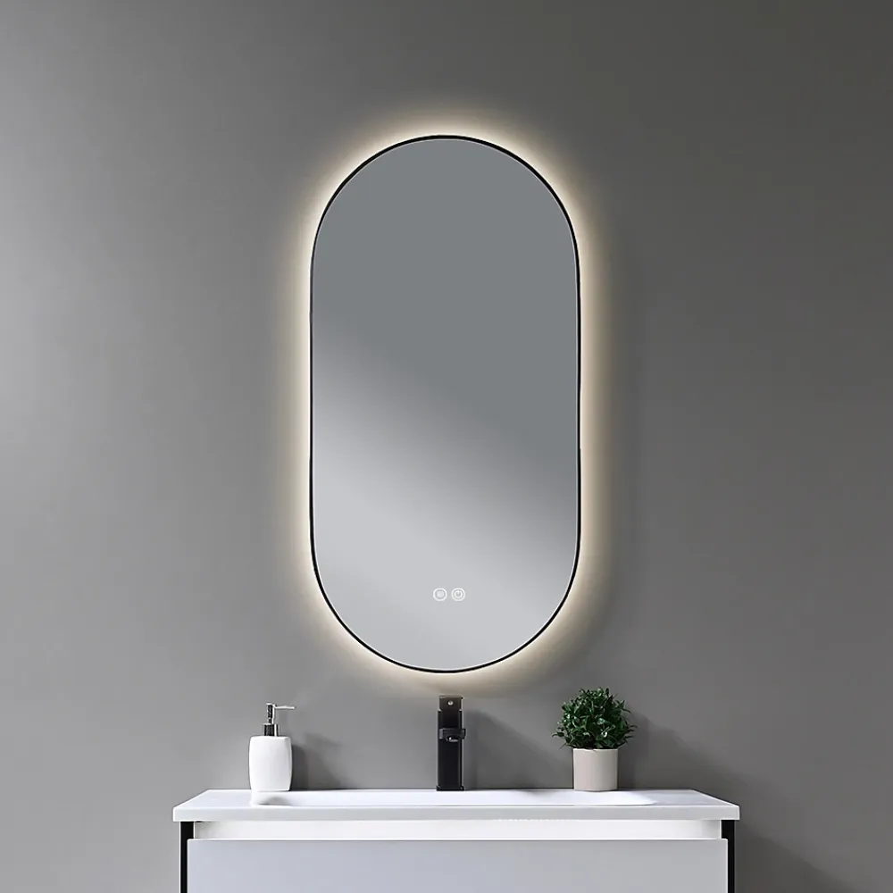 Miroir Lumineux|Luxury Bain Miroir de salle de bain LED 45x90cm ovale anti buée avec cadre en aluminium noir- LuxuryBain