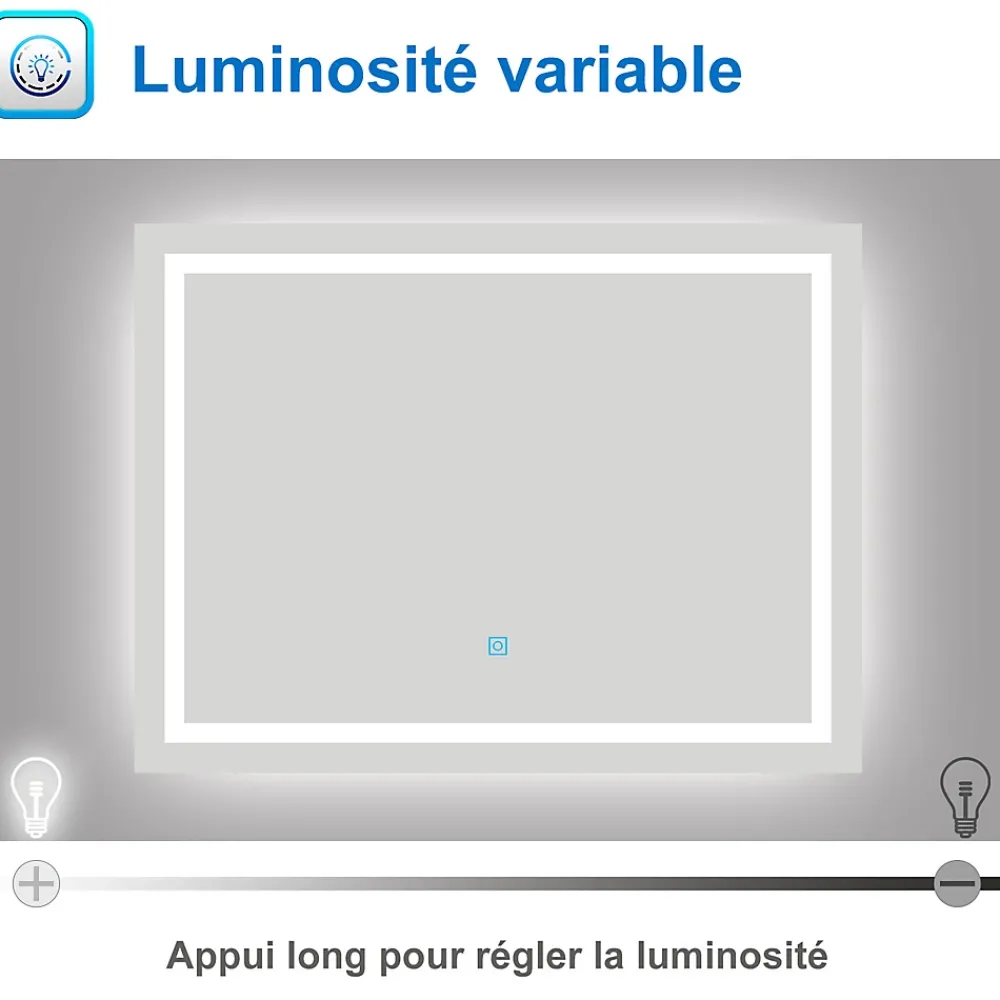 Miroir Lumineux|AICA Sanitaire Miroir de salle de bain LED dimmable, avec mémoire et anti-buée, 150x70cm, IP44,