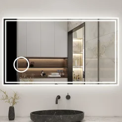 Miroir Lumineux|AICA Sanitaire Miroir de salle de bain LED 160x80cm Tricolor anti-buée avec bluetooth simple, horloge et miroir grossissant 3x,