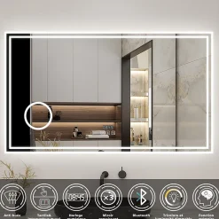 Miroir Lumineux|AICA Sanitaire Miroir de salle de bain LED 160x80cm Tricolor anti-buée avec bluetooth simple, horloge et miroir grossissant 3x,