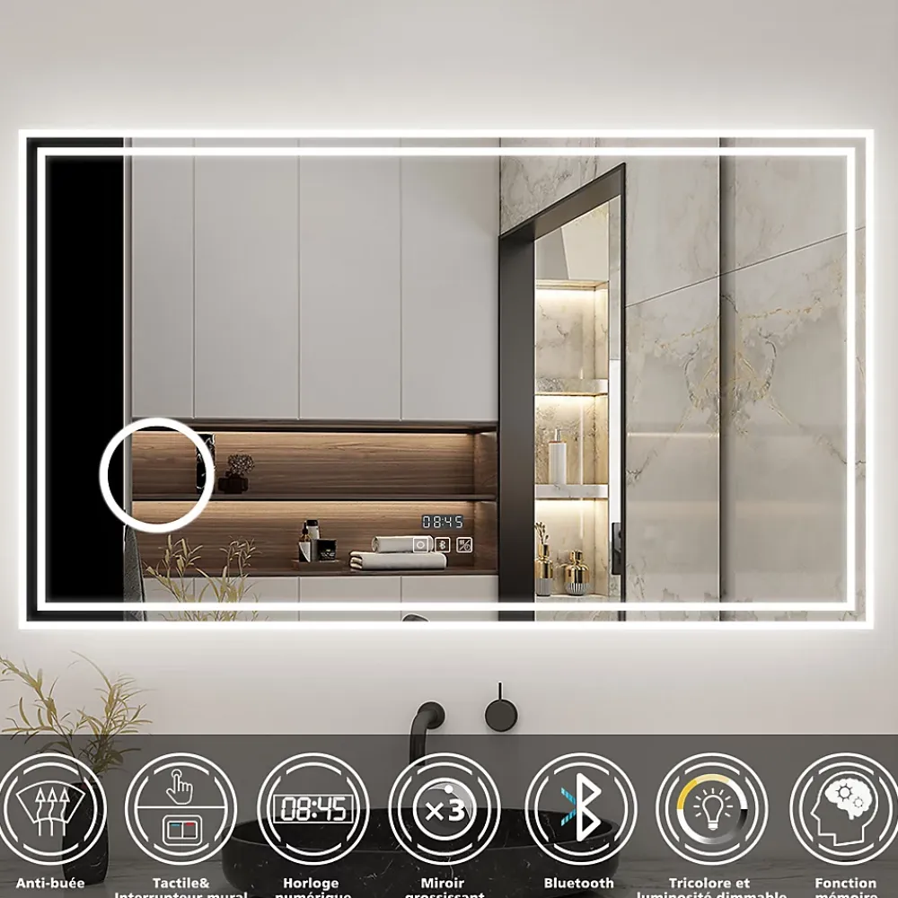 Miroir Lumineux|AICA Sanitaire Miroir de salle de bain LED 160x80cm Tricolor anti-buée avec bluetooth simple, horloge et miroir grossissant 3x,