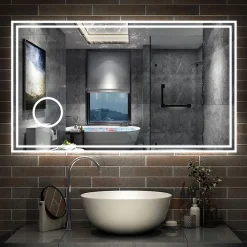 Miroir Lumineux|AICA Sanitaire Miroir de salle de bain LED 160x80cm Tricolor anti-buée avec bluetooth simple, horloge et miroir grossissant 3x,