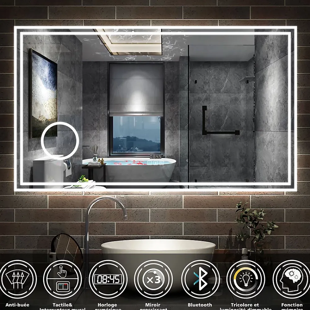 Miroir Lumineux|AICA Sanitaire Miroir de salle de bain LED 160x80cm Tricolor anti-buée avec bluetooth simple, horloge et miroir grossissant 3x,