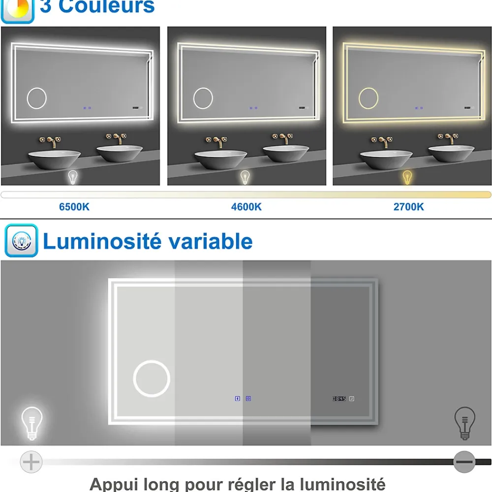 Miroir Lumineux|AICA Sanitaire Miroir de salle de bain LED 160x80cm Tricolor anti-buée avec bluetooth simple, horloge et miroir grossissant 3x,