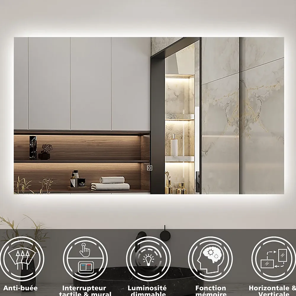 Miroir Lumineux|AICA Sanitaire Miroir de salle de bain LED 120x70 cm rétro-éclairé sans cadre avec anti-buée + mémoire + dimmable,