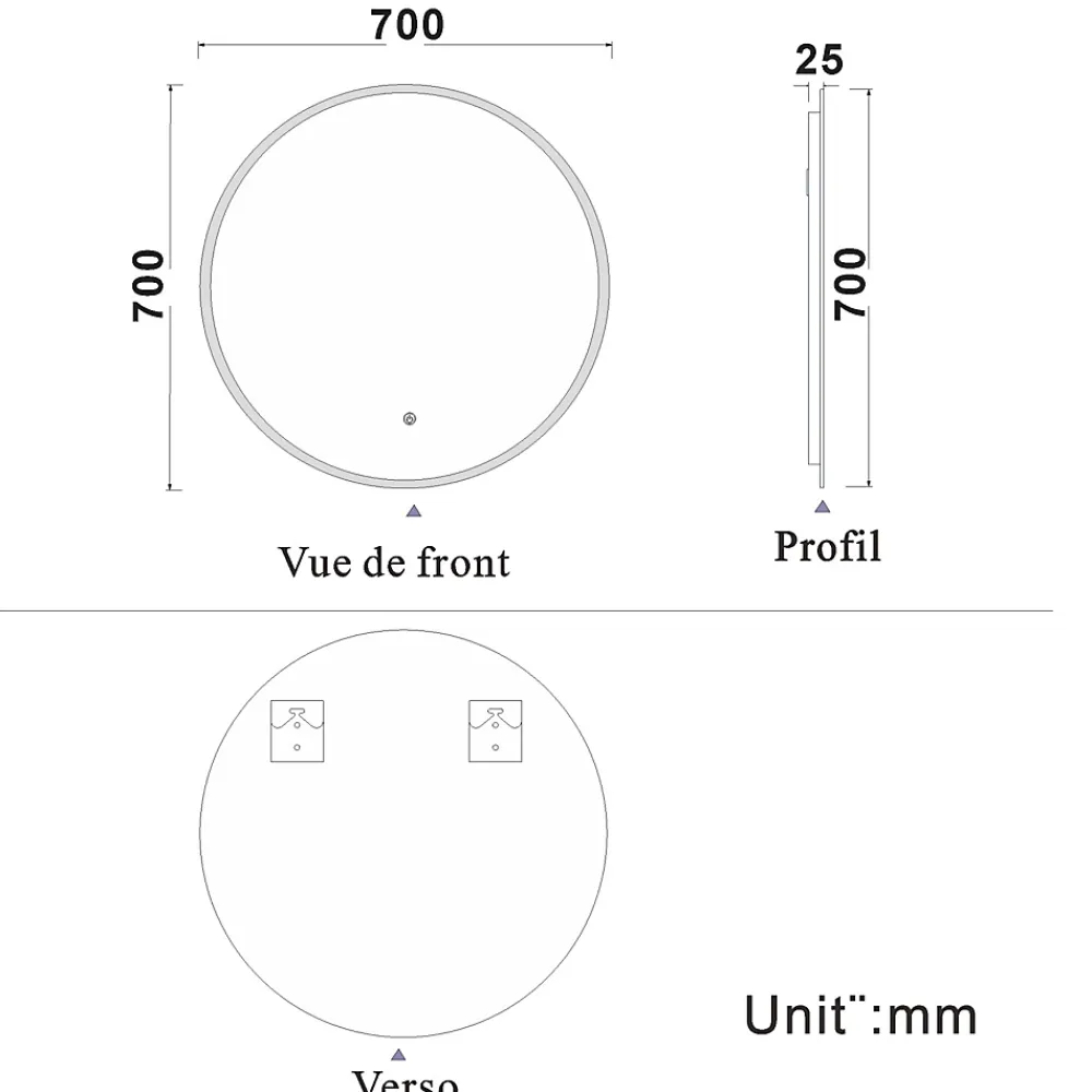 AICA Sanitaire Miroir de salle de bain led rond 70 cm, anti buée miroir avec interrupteur tactile,lumière blanche,