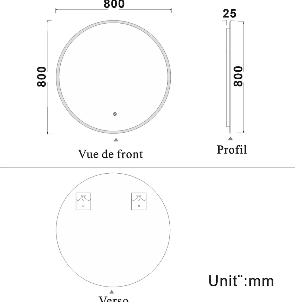 Miroir Lumineux|AICA Sanitaire Miroir de salle de bain led rond 80 cm, anti buée miroir avec interrupteur tactile,lumière blanche,