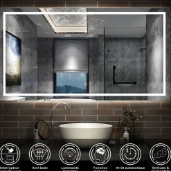 Miroir Lumineux|AICA Sanitaire Miroir de salle de bain LED dimmable, avec mémoire et anti-buée, 160x70cm, IP44,