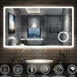 Miroir Lumineux|AICA Sanitaire Miroir de salle de bain LED 120x70cm tricolor anti-buée avec bluetooth et loupe 3x,mémoire et lumière gradation,