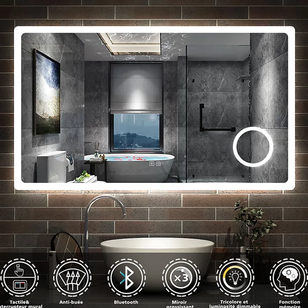 Miroir Lumineux|AICA Sanitaire Miroir de salle de bain LED 120x70cm tricolor anti-buée avec bluetooth et loupe 3x,mémoire et lumière gradation,