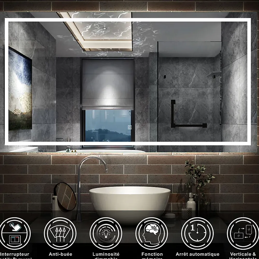 AICA Sanitaire Miroir de salle de bain LED dimmable, avec mémoire et anti-buée, 160x80cm, IP44,