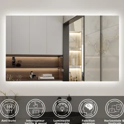 Miroir Lumineux|AICA Sanitaire Miroir de salle de bain LED 70x50 cm rétro-éclairé sans cadre avec anti-buée + mémoire + dimmable,