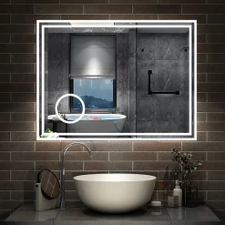 AICA Sanitaire Miroir de salle de bain LED 100x60cm Tricolor anti-buée avec bluetooth simple, horloge et miroir grossissant 3x,