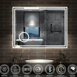 AICA Sanitaire Miroir de salle de bain LED 100x60cm Tricolor anti-buée avec bluetooth simple, horloge et miroir grossissant 3x,