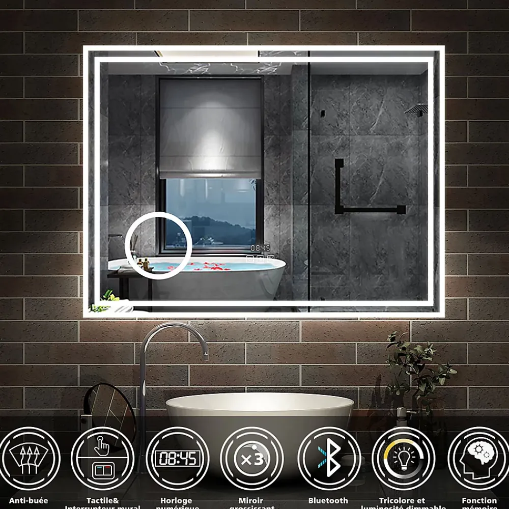 AICA Sanitaire Miroir de salle de bain LED 100x60cm Tricolor anti-buée avec bluetooth simple, horloge et miroir grossissant 3x,