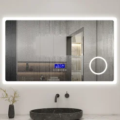 Miroir Grossissant Lumineux|AICA Sanitaire Miroir de salle de bain led bluetooth, 100x60cm Anti-buée, 3x Loupe, 3 couleurs de lumière,