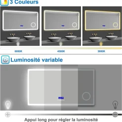 Miroir Lumineux|AICA Sanitaire Miroir de salle de bain led bluetooth, 140x80cm Anti-buée, 3x Loupe, 3 couleurs de lumière,