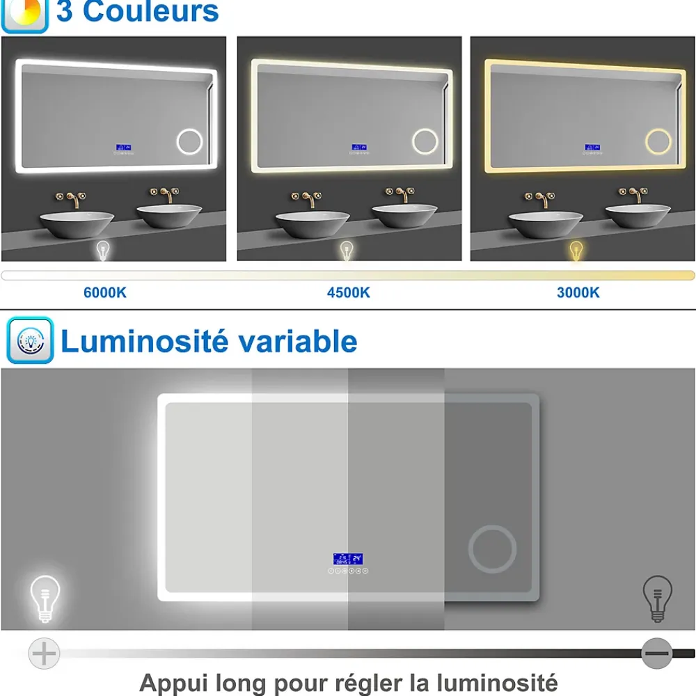 Miroir Lumineux|AICA Sanitaire Miroir de salle de bain led bluetooth, 140x80cm Anti-buée, 3x Loupe, 3 couleurs de lumière,