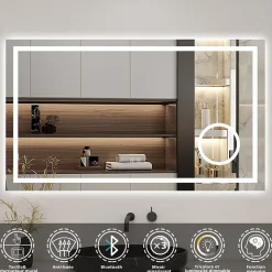 Miroir Lumineux|AICA Sanitaire Miroir de salle de bain LED 80x60cm tricolore anti-buée + bluetooth + loupe + mémoire + dimmable,
