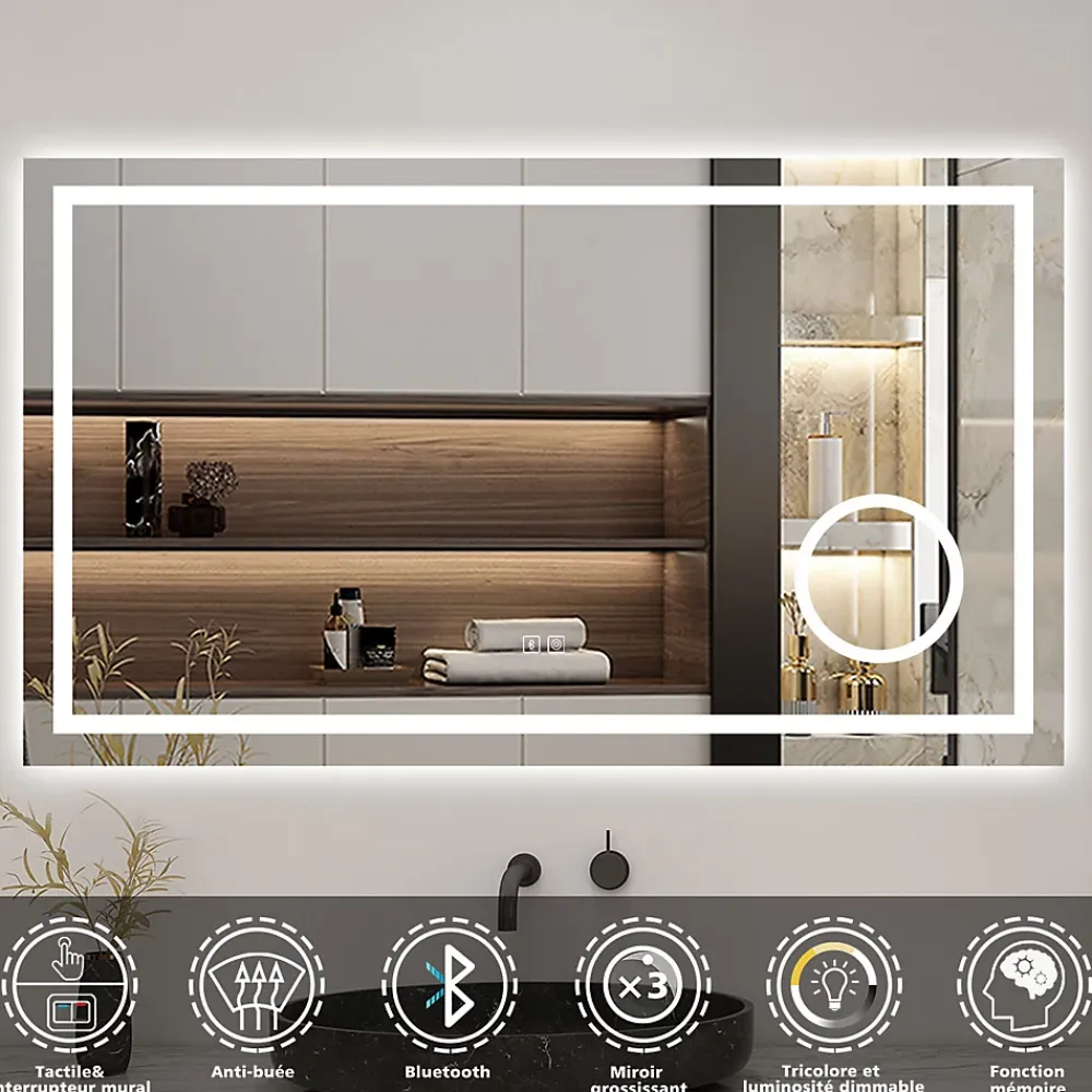 Miroir Lumineux|AICA Sanitaire Miroir de salle de bain LED 80x60cm tricolore anti-buée + bluetooth + loupe + mémoire + dimmable,