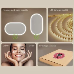 Artforma Miroir de salle de bain lumineux - - Ovale - 120x70cm - LED Dual + interrupteur tactile + anti-buée