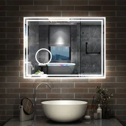 Miroir Lumineux|AICA Sanitaire Miroir de salle de bain LED 100x60cm Tricolor anti-buée avec bluetooth simple, horloge et miroir grossissant 3x,