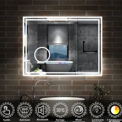 Miroir Lumineux|AICA Sanitaire Miroir de salle de bain LED 100x60cm Tricolor anti-buée avec bluetooth simple, horloge et miroir grossissant 3x,