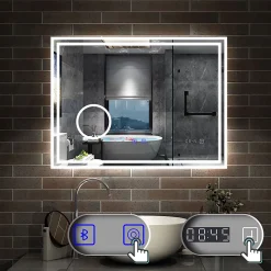 Miroir Lumineux|AICA Sanitaire Miroir de salle de bain LED 100x60cm Tricolor anti-buée avec bluetooth simple, horloge et miroir grossissant 3x,