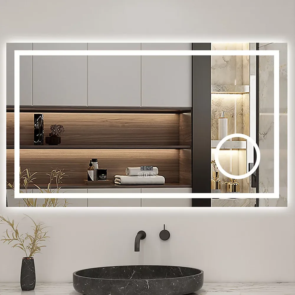 AICA Sanitaire Miroir de salle de bain LED 80x60cm tricolore anti-buée + loupe + bluetooth + horloge + mémoire + dimmable,