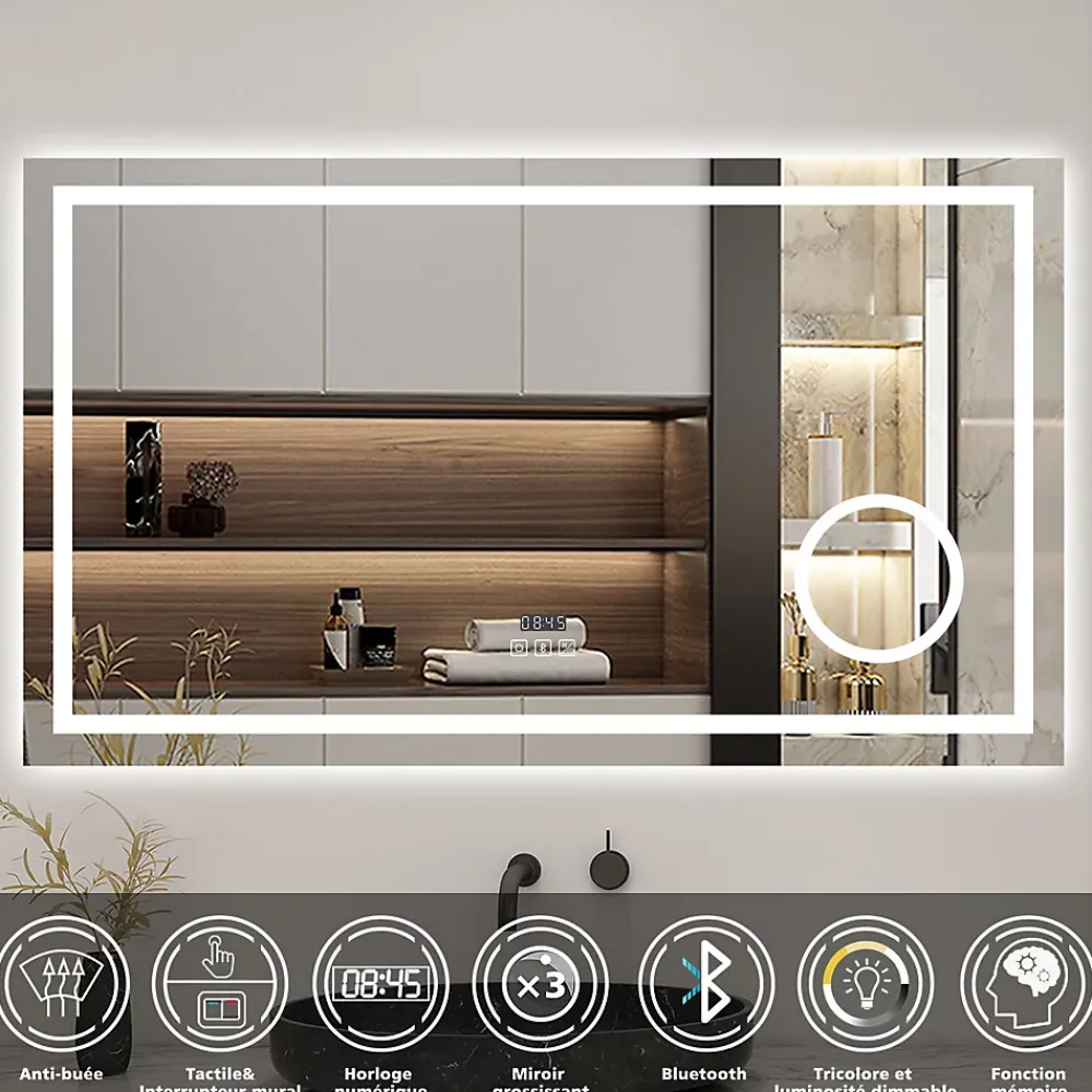 AICA Sanitaire Miroir de salle de bain LED 80x60cm tricolore anti-buée + loupe + bluetooth + horloge + mémoire + dimmable,