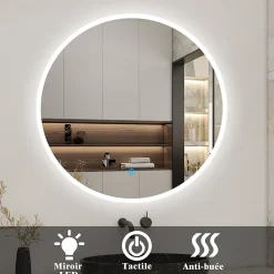 AICA Sanitaire Miroir de salle de bain led rond 60 cm, anti buée miroir avec interrupteur tactile,lumière blanche,