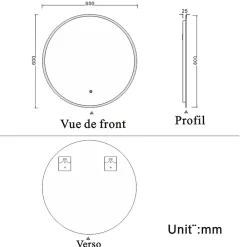 AICA Sanitaire Miroir de salle de bain led rond 60 cm, anti buée miroir avec interrupteur tactile,lumière blanche,