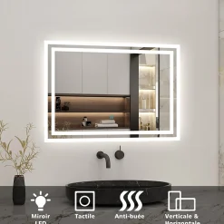 Miroir Lumineux|AICA Sanitaire Miroir de salle de bain led tactile, 80x60cm illumination LED intégrée avec fonction anti-buée Blanc froid,