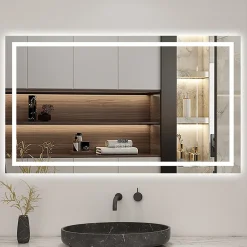 Miroir Lumineux|AICA Sanitaire Miroir de salle de bain LED 100x60cm tricolore anti-buée + bluetooth + horloge + mémoire + dimmable,