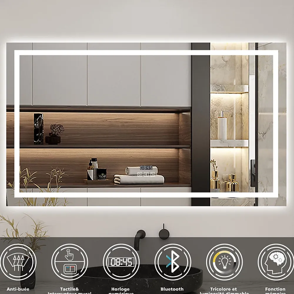 Miroir Lumineux|AICA Sanitaire Miroir de salle de bain LED 100x60cm tricolore anti-buée + bluetooth + horloge + mémoire + dimmable,