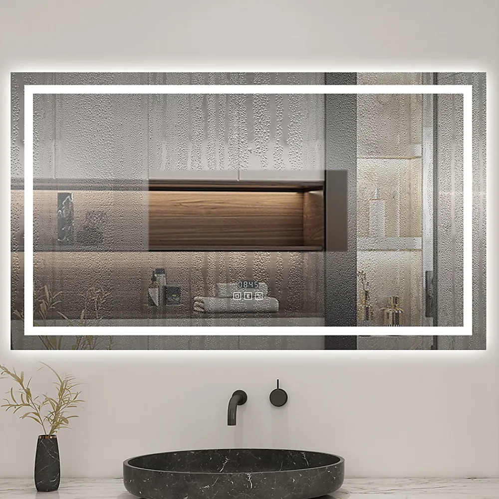 Miroir Lumineux|AICA Sanitaire Miroir de salle de bain LED 100x60cm tricolore anti-buée + bluetooth + horloge + mémoire + dimmable,