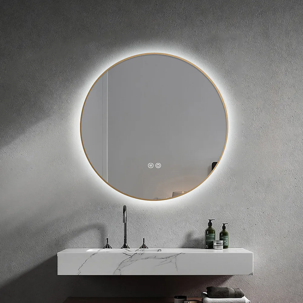 Luxury Bain Miroir de salle de bain LED 60cm rond anti buée avec cadre en aluminium doré, or LuxuryBain