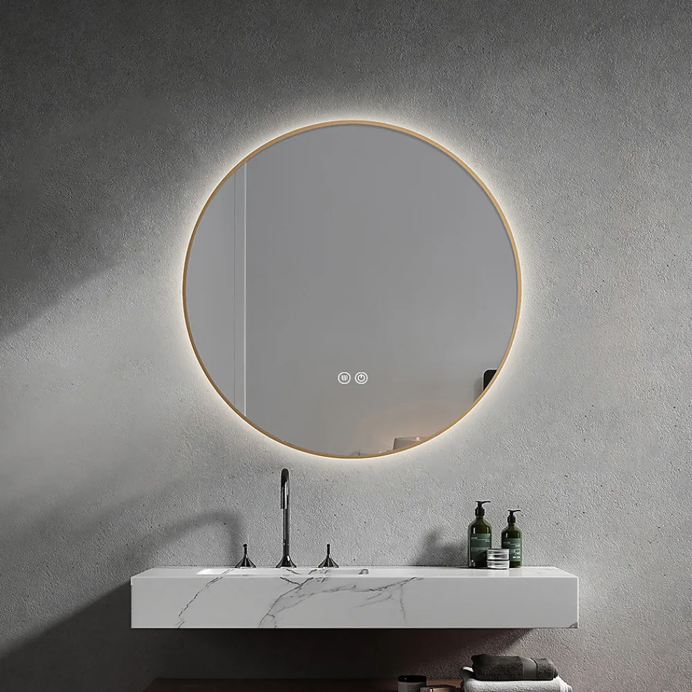 Luxury Bain Miroir de salle de bain LED 60cm rond anti buée avec cadre en aluminium doré, or LuxuryBain