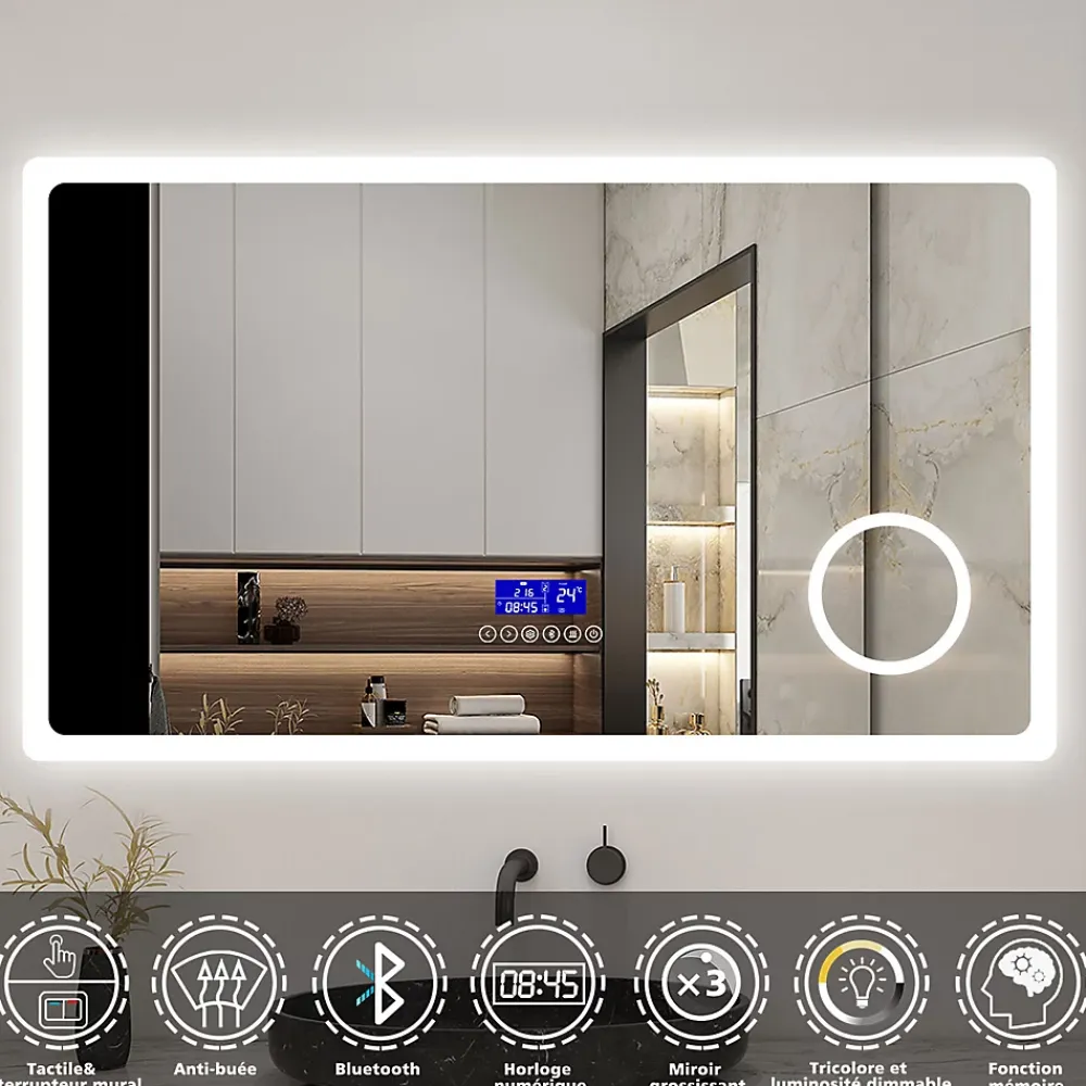 AICA Sanitaire Miroir de salle de bain led bluetooth, 120x70cm Anti-buée, 3x Loupe, 3 couleurs de lumière,