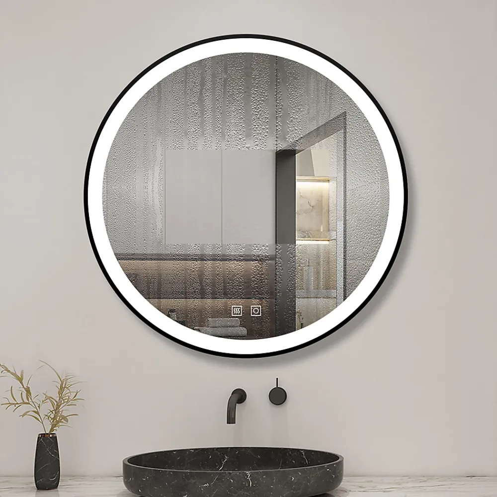 AICA Sanitaire Miroir de salle de bain LED rond 70 cm avec cadre noir, tricolore + anti-buée + mémoire + gradation infinie,