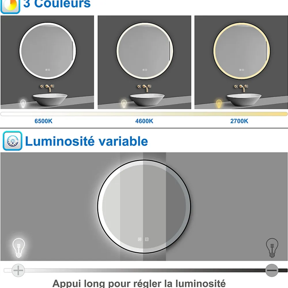 AICA Sanitaire Miroir de salle de bain LED rond 70 cm avec cadre noir, tricolore + anti-buée + mémoire + gradation infinie,