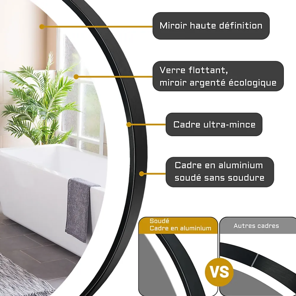 AICA Sanitaire Miroir de salle de bain LED rond 70 cm avec cadre noir, tricolore + anti-buée + mémoire + gradation infinie,