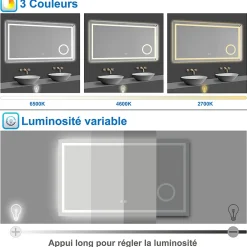 Miroir Lumineux|AICA Sanitaire Miroir de salle de bain LED 100x60cm tricolore anti-buée + bluetooth + loupe + mémoire + dimmable,