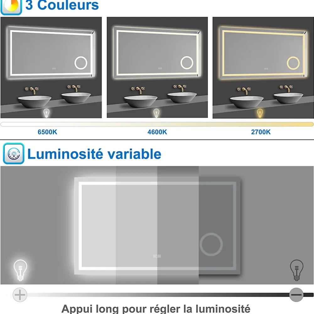 Miroir Lumineux|AICA Sanitaire Miroir de salle de bain LED 100x60cm tricolore anti-buée + bluetooth + loupe + mémoire + dimmable,