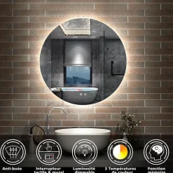 Miroir Lumineux|AICA Sanitaire Miroir de salle de bain LED rond 80cm avec rétro-éclairage, tricolore + anti-buée + mémoire + gradation infinie,