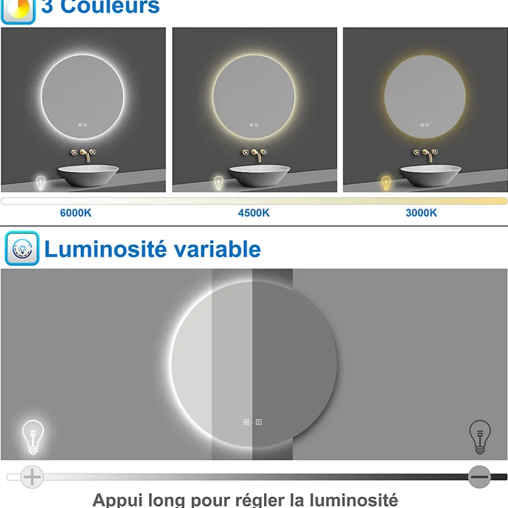 Miroir Lumineux|AICA Sanitaire Miroir de salle de bain LED rond 80cm avec rétro-éclairage, tricolore + anti-buée + mémoire + gradation infinie,