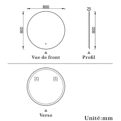 Miroir Lumineux|AICA Sanitaire Miroir de salle de bain LED rond 80cm avec rétro-éclairage, tricolore + anti-buée + mémoire + gradation infinie,