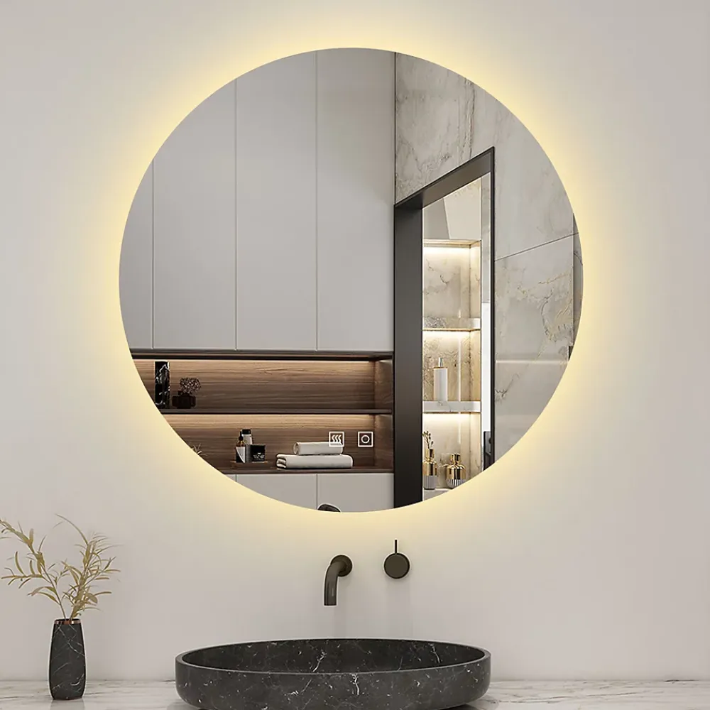 Miroir Lumineux|AICA Sanitaire Miroir de salle de bain LED rond 70 cm avec rétro-éclairage, tricolore + anti-buée + mémoire + gradation infinie,